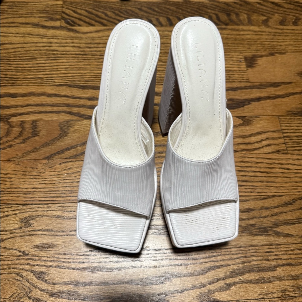 Liliana White Textured Heels with Modern Square Toe